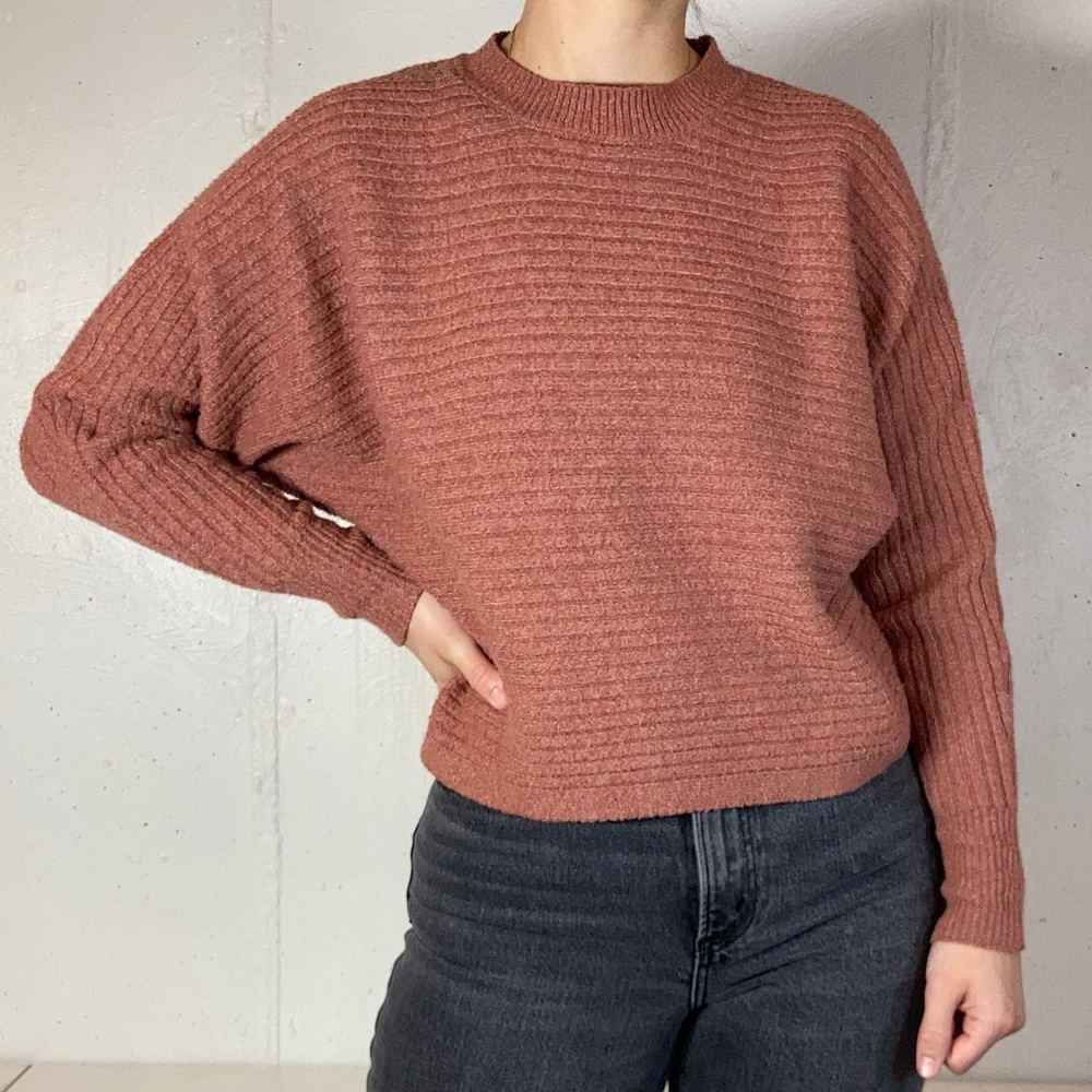 Dusty Pink-Orange Ribbed Soft Knit Mock Neck Cropped Sweater